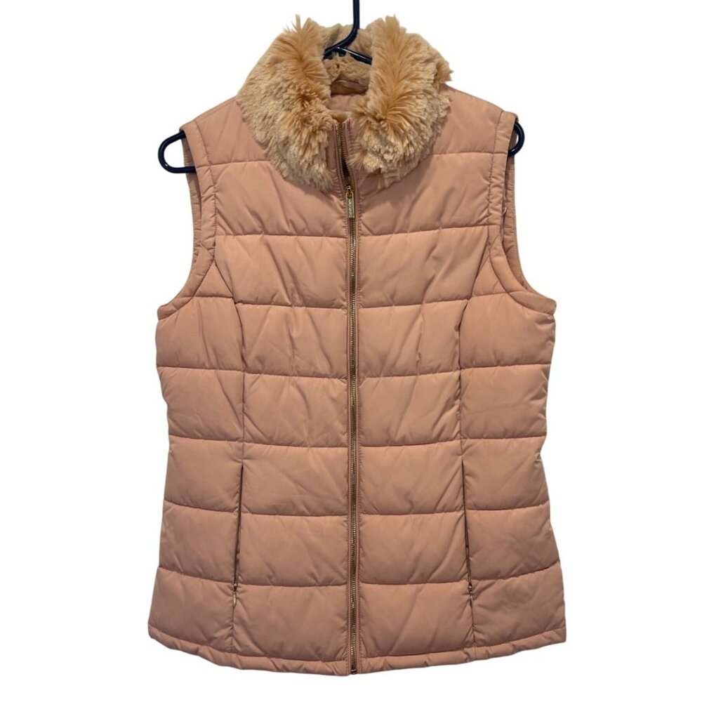 NWOT Calvin Klein Womens Quilted Puffer Vest Pink Faux Fur Collar Size M NEW